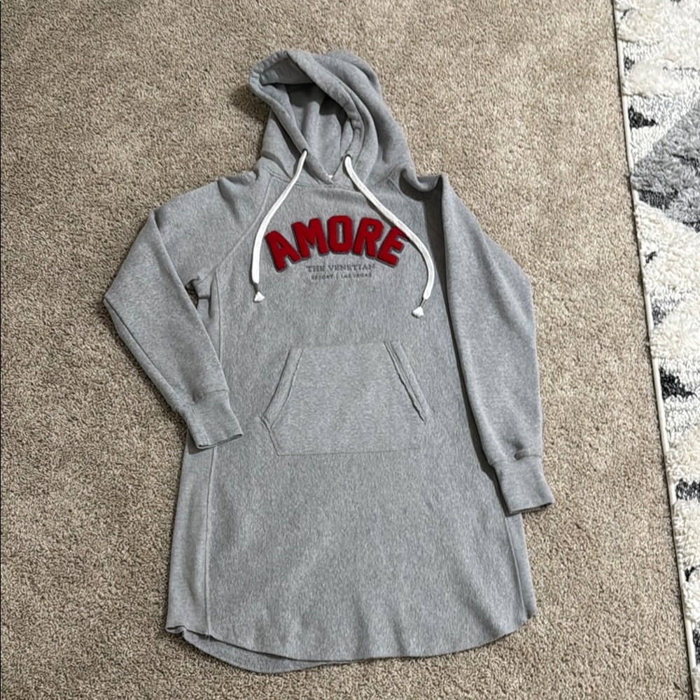 Gray Hoodie Dress with Red 'AMORE' Text